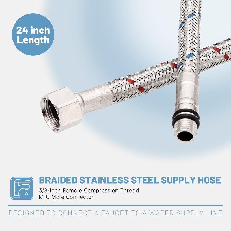 BWE 24-Inch Long Faucet Connector Braided Stainless Steel Supply Hose 3/8-Inch Female Compression Thread x M10 Male Connector, x 2 Pcs (1 Pair) - Image 4